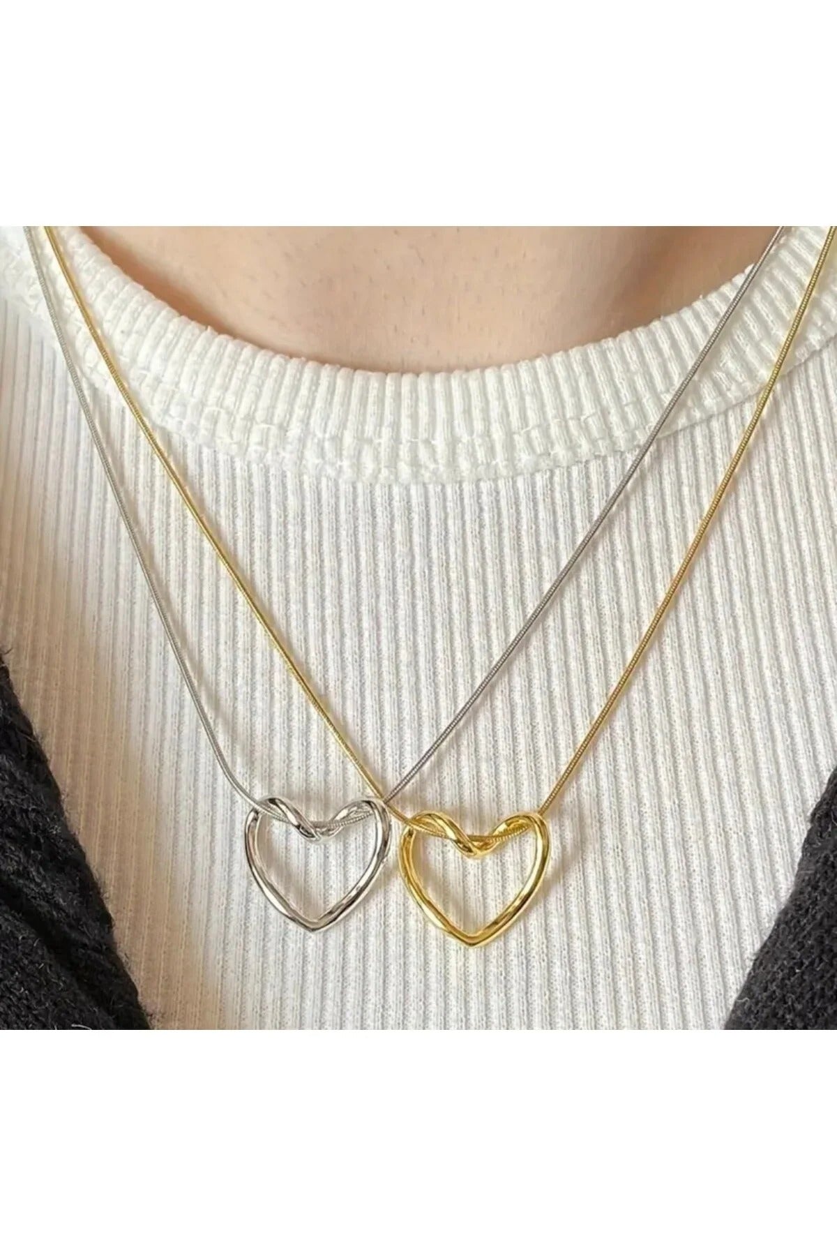 Gold & Gümüş Kalp Detaylı İkili Kolye