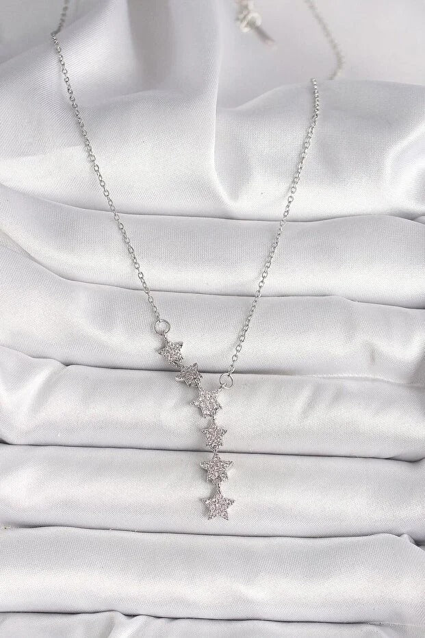 Zirkon Taşlı Yıldız Detaylı Gümüş Renk Kadın Kolye